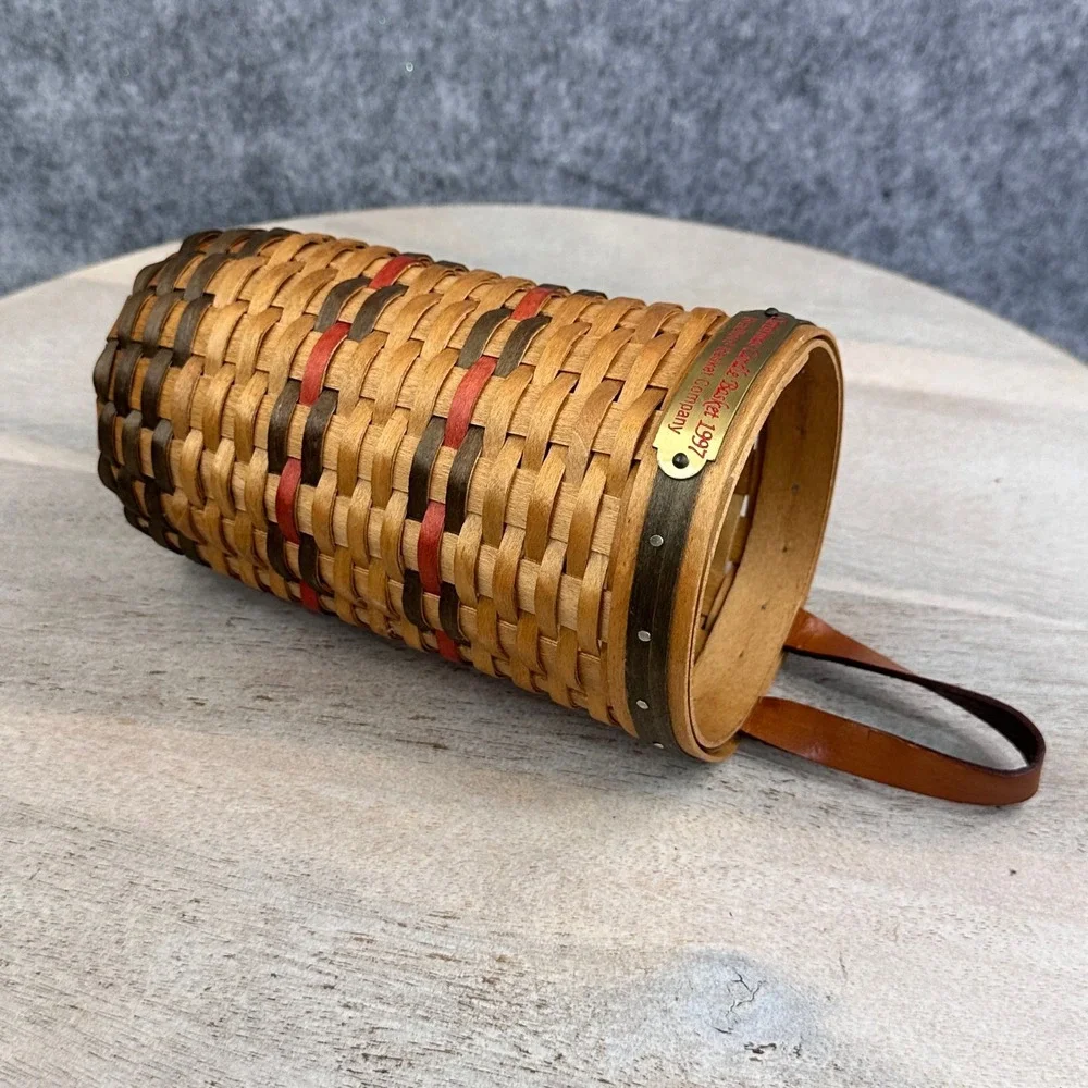 Bradford Basket Company 1997 Christmas Candle Basket Woven Wood Leather Handle
